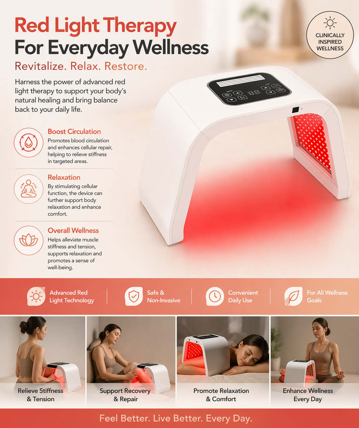 LED Light Therapy Machine for Skin Rejuvenation, Pain Relief & Muscle Recovery at Home